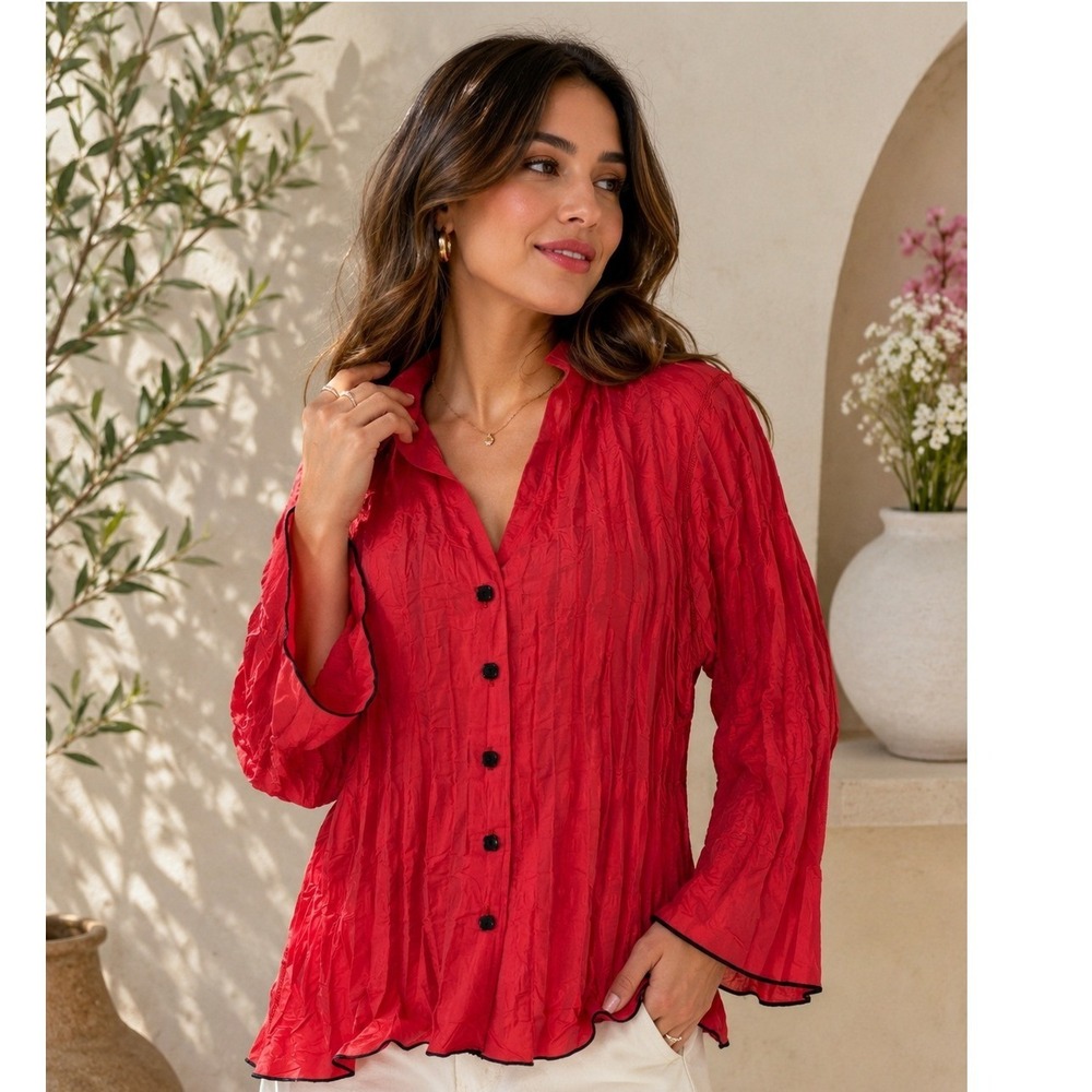 Beluya San Francisco‎ Vintage Red Crinkle Button Down Blouse Flared Sleeve XL